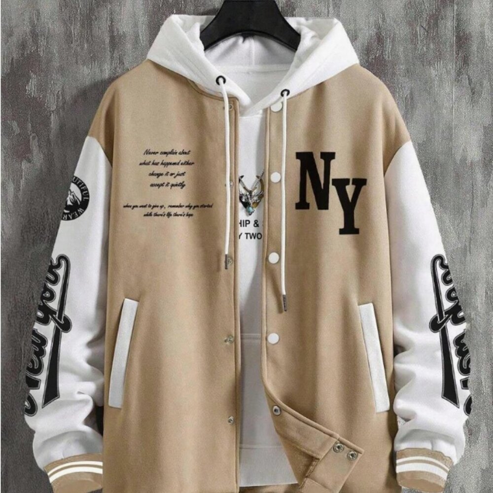 Manfinity Hypemode Men Slogan Graphic Two Tone Varsity Jacket